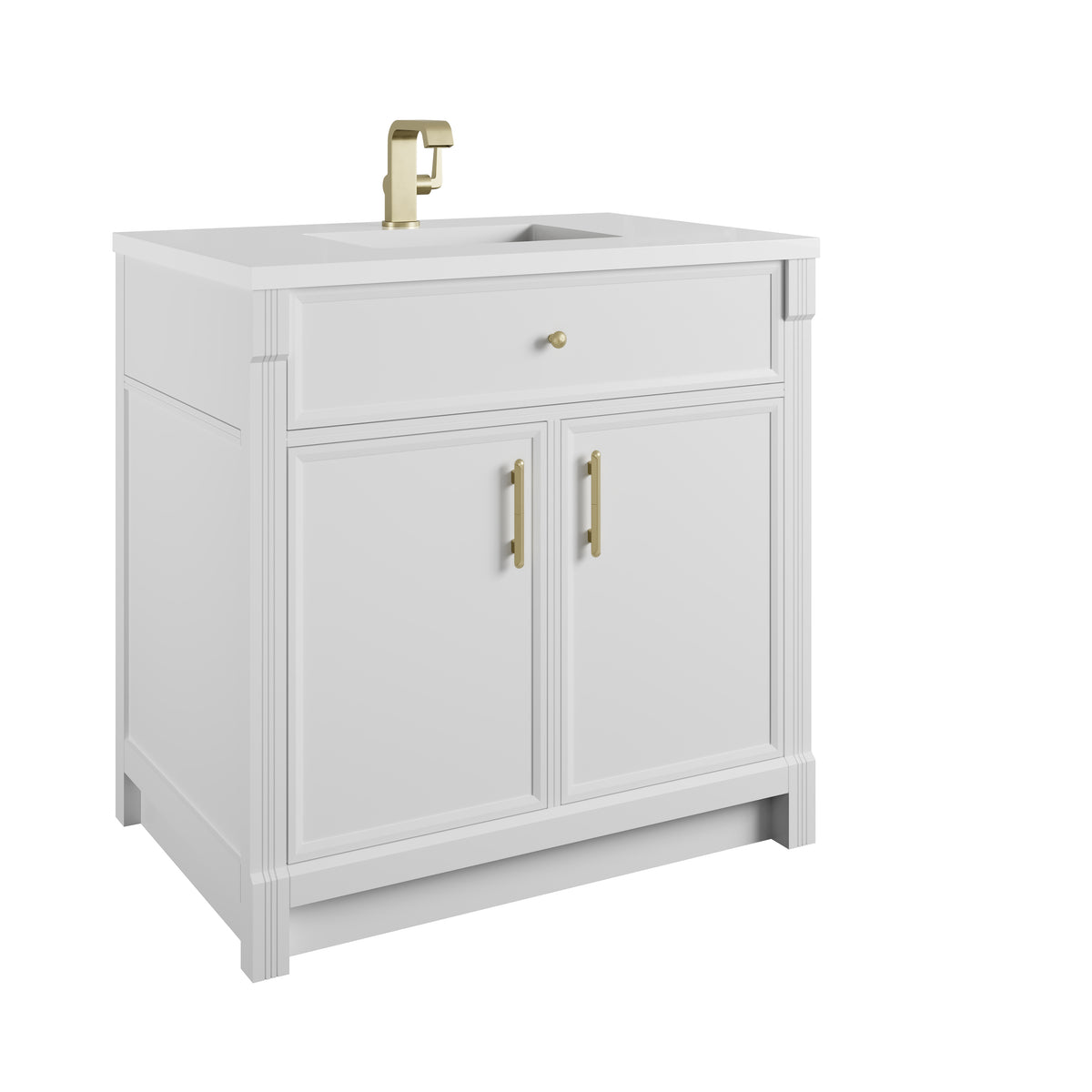 James Martin Vanities Bellshire 36" Bright White Single Vanity With Single Hole 3 CM White Zeus Silestone Top and Matching Backsplash