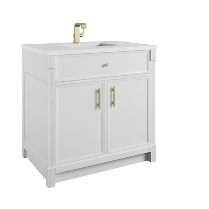 James Martin Vanities Bellshire 36" Bright White Single Vanity With Single Hole 3 CM White Zeus Silestone Top and Matching Backsplash