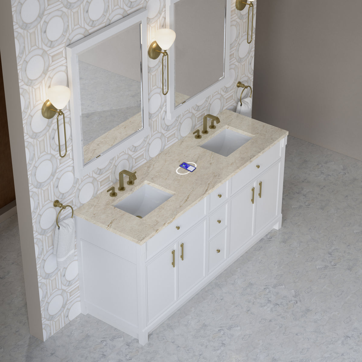 James Martin Vanities Bellshire 72" Bright White Double Vanity With 3 CM Tajnar Eclos Top and FreePower Wireless Charger