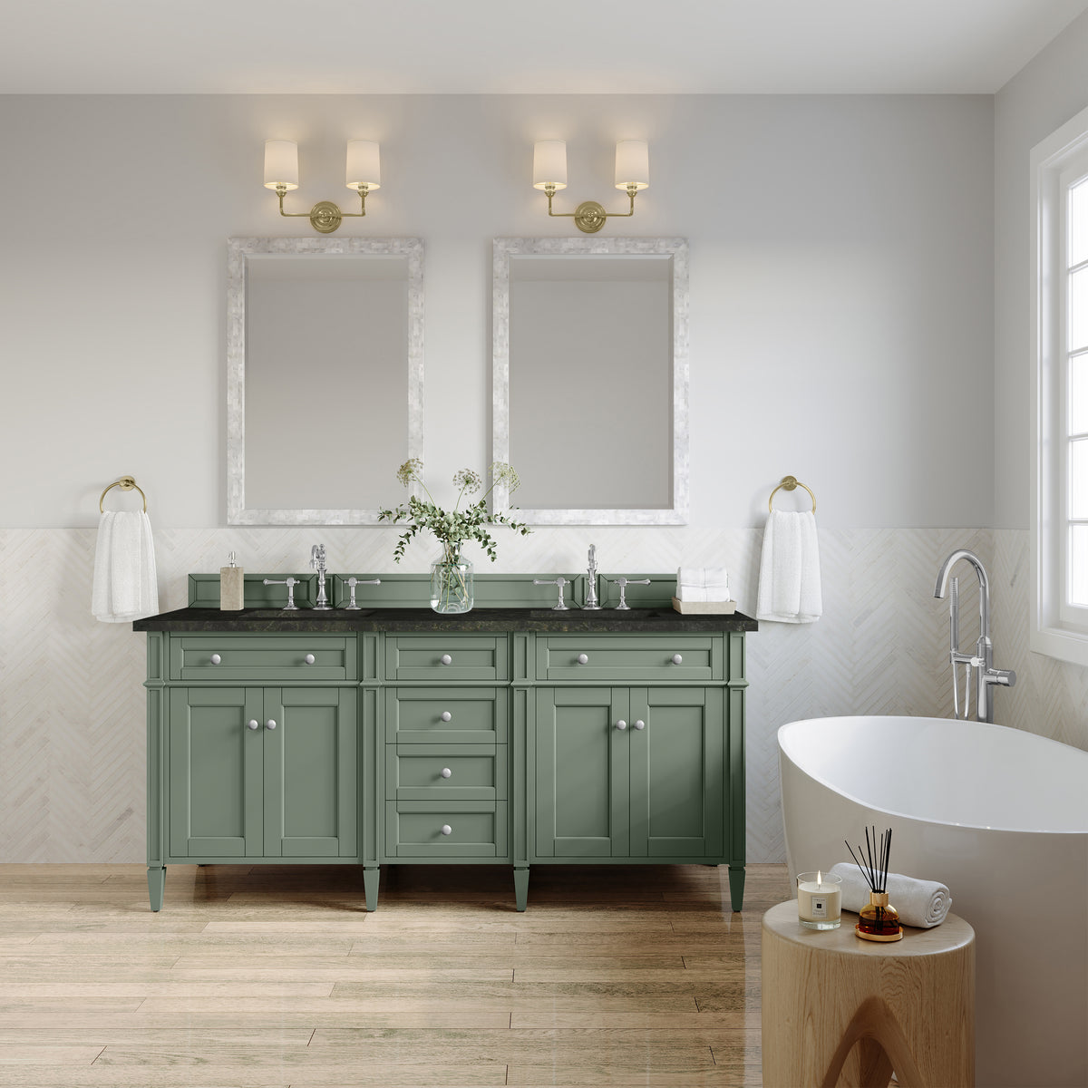 James Martin Vanities Brittany 72" Smokey Celadon Double Vanity With 3 CM Phantome Eclos Top