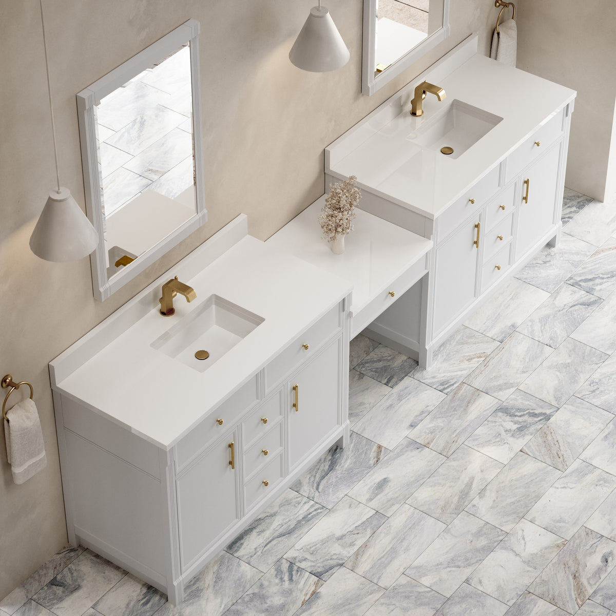 James Martin Vanities Bellshire 120" Bright White Dual Vanity Set With Single Hole 3 cm White Zeus Silestone Top, Backsplash and 24" Make-Up Counter