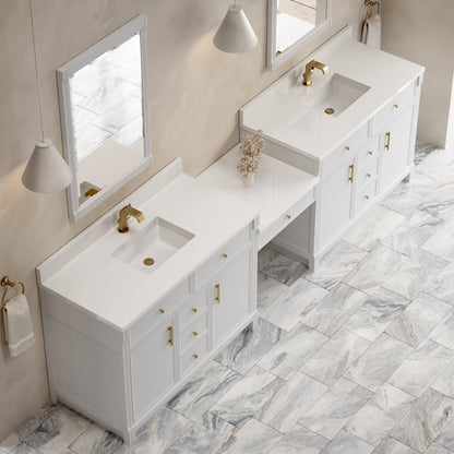 James Martin Vanities Bellshire 120" Bright White Dual Vanity Set With Single Hole 3 cm White Zeus Silestone Top, Backsplash and 24" Make-Up Counter