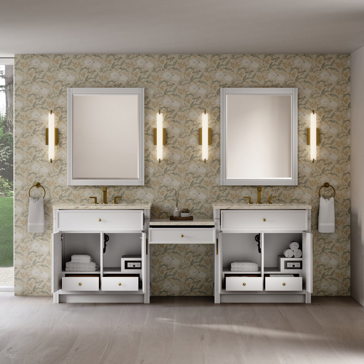 James Martin Vanities Bellshire 96" Bright White Dual Vanity Set With 3 cm Tajnar Eclos Top and 24" Make-Up Counter