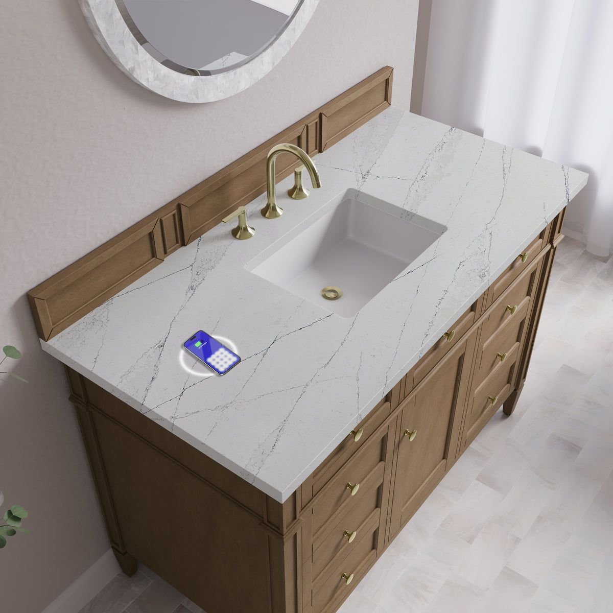 James Martin Vanities Brittany 48" Pecan Single Vanity With 3 CM Ethereal Noctis Silestone Top and FreePower Wireless Charger