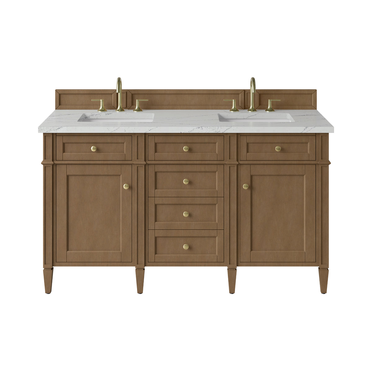 James Martin Vanities Brittany 60" Pecan Double Vanity With 3 CM Ethereal Noctis Silestone Top and FreePower Wireless Charger