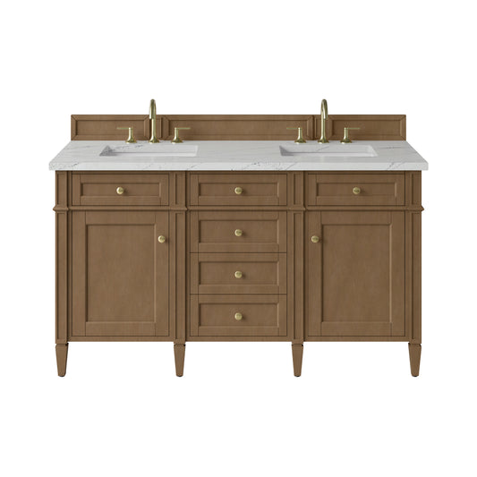 James Martin Vanities Brittany 60" Pecan Double Vanity With 3 CM Ethereal Noctis Silestone Top and FreePower Wireless Charger