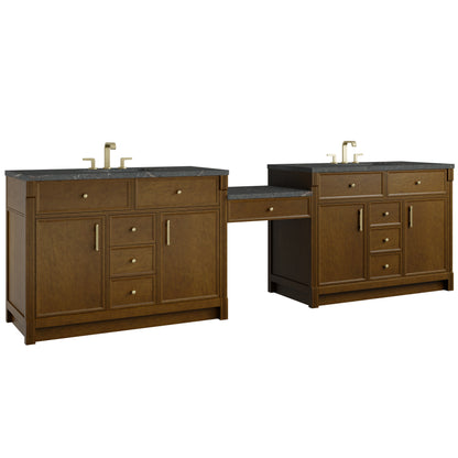 James Martin Vanities Bellshire 120" Honey Oak Dual Vanity Set With 3 cm Parisien Bleu Silestone Top, FreePower Wireless Charger and 24" Make-Up Counter