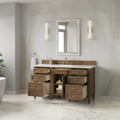 James Martin Vanities Brittany 60" Pecan Single Vanity With 3 CM White Zeus Silestone Top