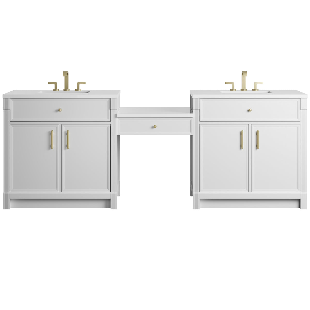 James Martin Vanities Bellshire 96" Bright White Dual Vanity Set With 3 cm White Zeus Silestone Top and 24" Make-Up Counter
