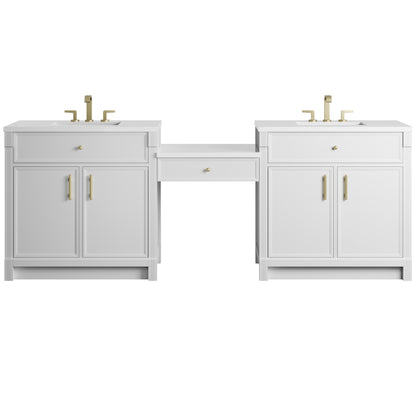 James Martin Vanities Bellshire 96" Bright White Dual Vanity Set With 3 cm White Zeus Silestone Top and 24" Make-Up Counter