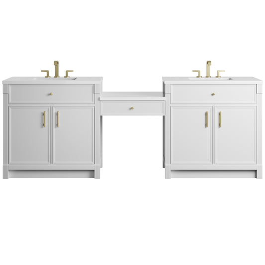 James Martin Vanities Bellshire 96" Bright White Dual Vanity Set With 3 cm White Zeus Silestone Top and 24" Make-Up Counter