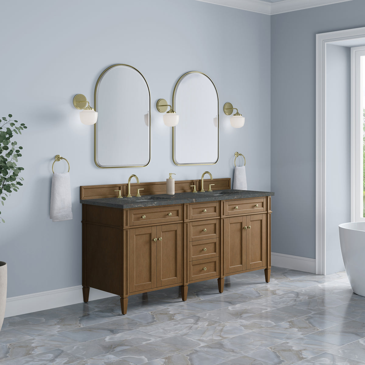 James Martin Vanities Brittany 72" Pecan Double Vanity With 3 CM Parisien Bleu Silestone Top