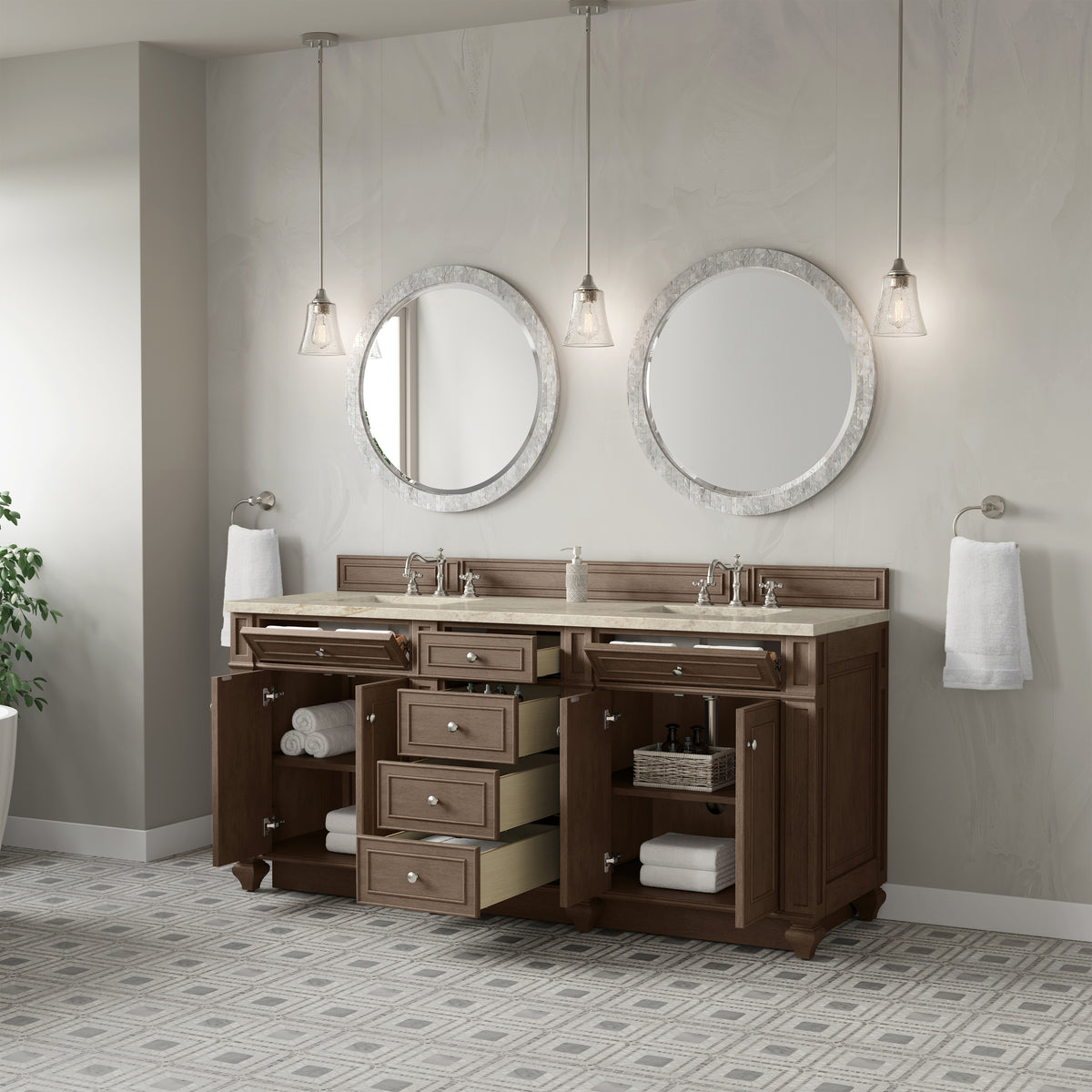 James Martin Vanities Bristol 72" Whitewashed Walnut Double Vanity With 3 CM Tajnar Eclos Top and FreePower Wireless Charger