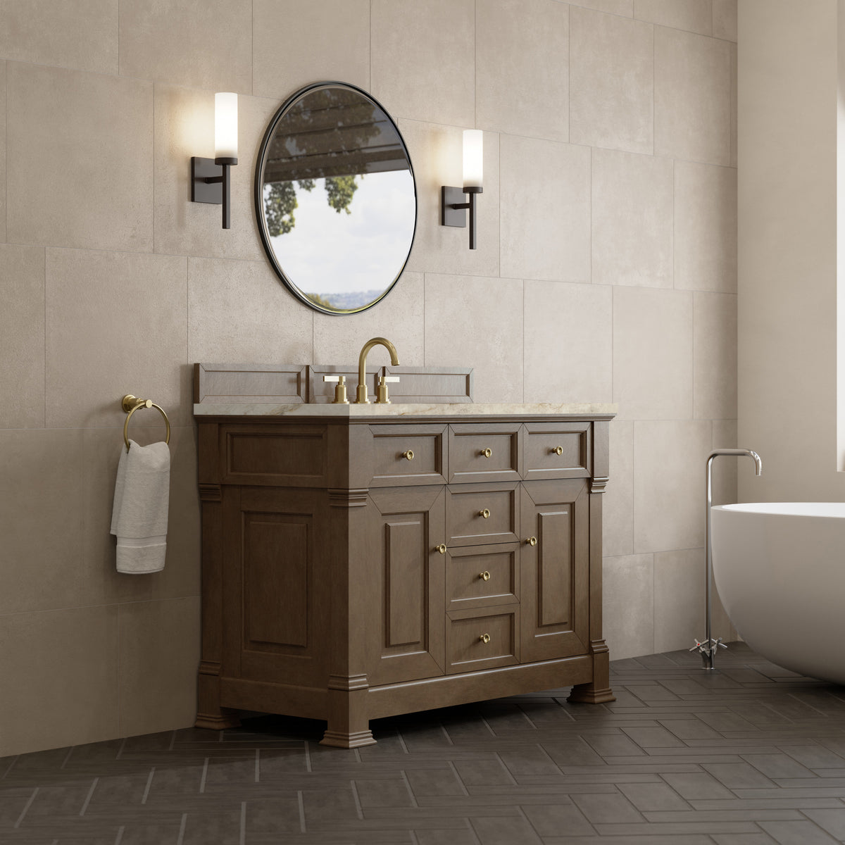 James Martin Vanities Brookfield 48" Pecan Single Vanity With 3 CM Tajnar Eclos Top