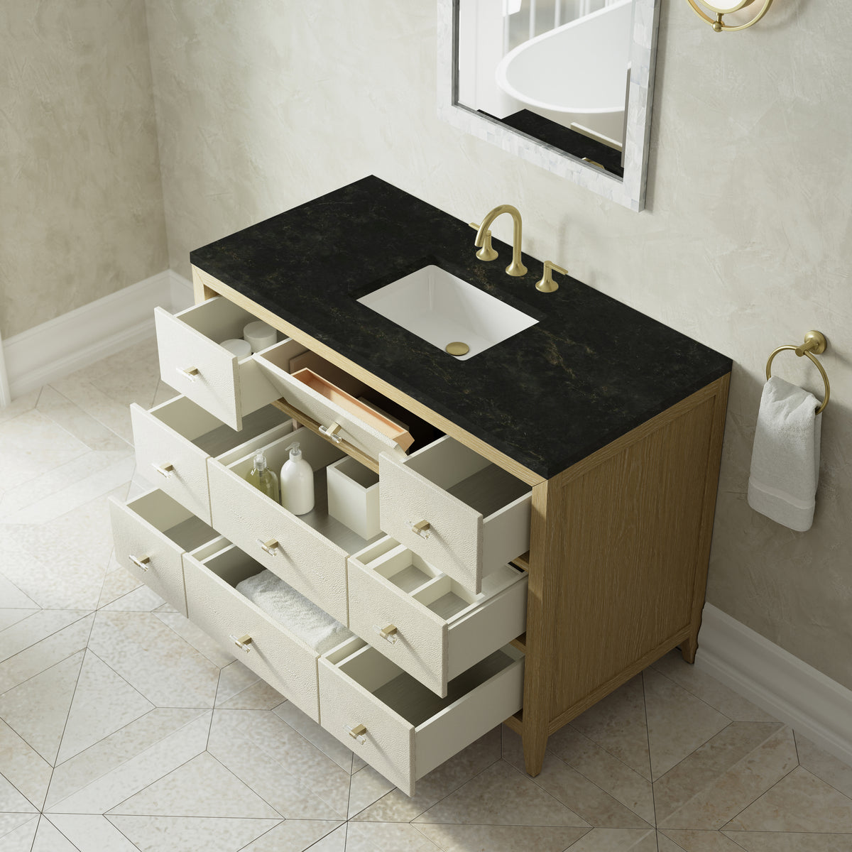 James Martin Vanities Celeste 48" Sunwashed Oak with Embossed Shagreen Single Vanity With 3 CM Phantome Eclos Top