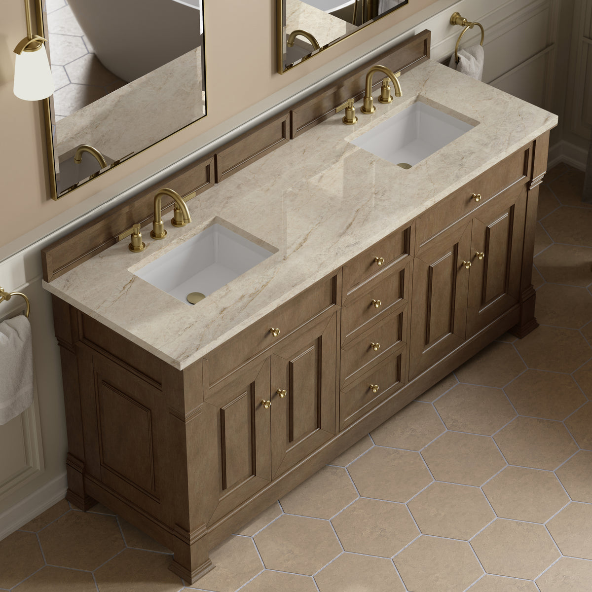 James Martin Vanities Brookfield 72" Pecan Double Vanity With 3 CM Tajnar Eclos Top