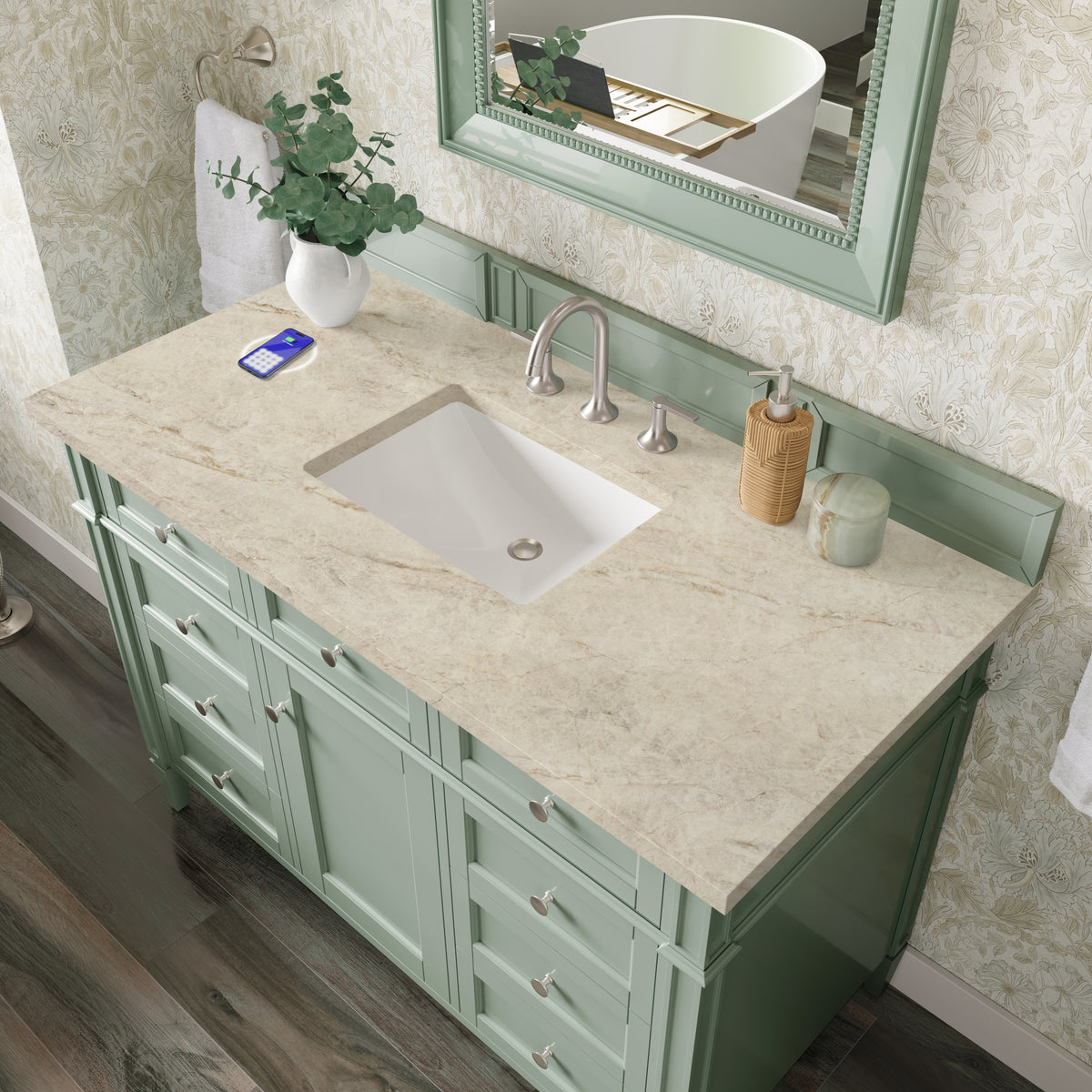 James Martin Vanities Brittany 48" Sage Green Single Vanity With 3 CM Tajnar Eclos Top and FreePower Wireless Charger