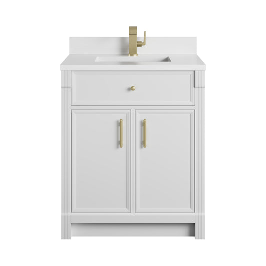 James Martin Vanities Bellshire 30" Bright White Single Vanity With Single Hole 3 CM White Zeus Silestone Top and Matching Backsplash