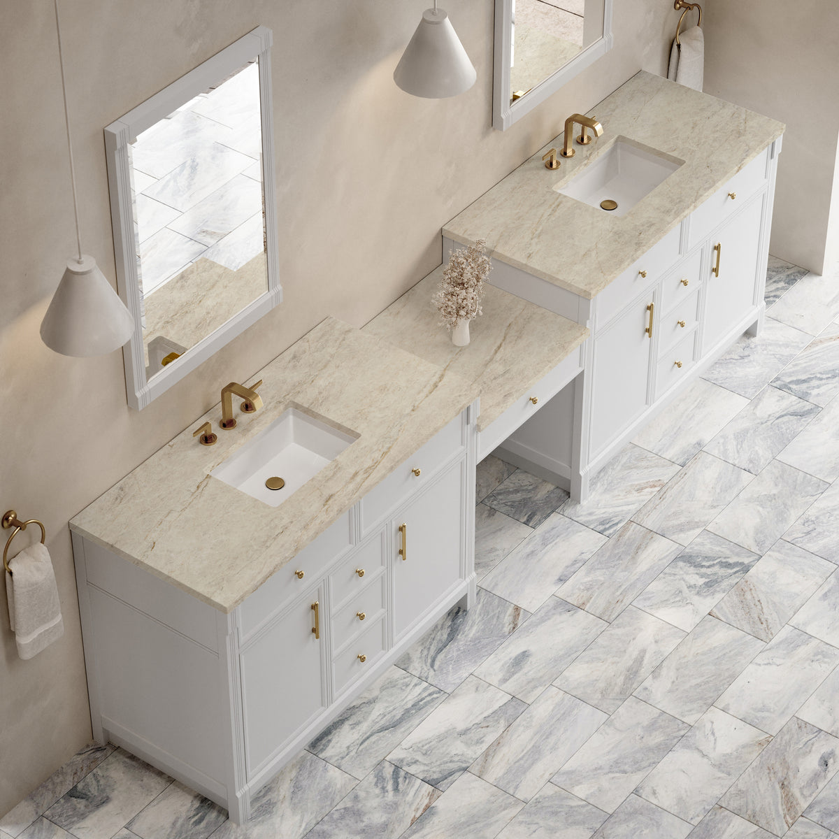 James Martin Vanities Bellshire 120" Bright White Dual Vanity Set With 3 cm Tajnar Eclos Top and 24" Make-Up Counter