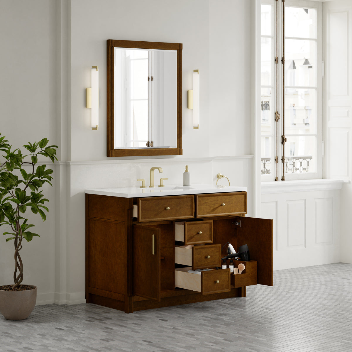 James Martin Vanities Bellshire 48" Honey Oak Single Vanity With 3 CM White Zeus Silestone Top