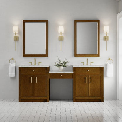 James Martin Vanities Bellshire 84" Honey Oak Dual Vanity Set With 3 cm Eternal Jasmine Pearl Silestone Top and 24" Make-Up Counter