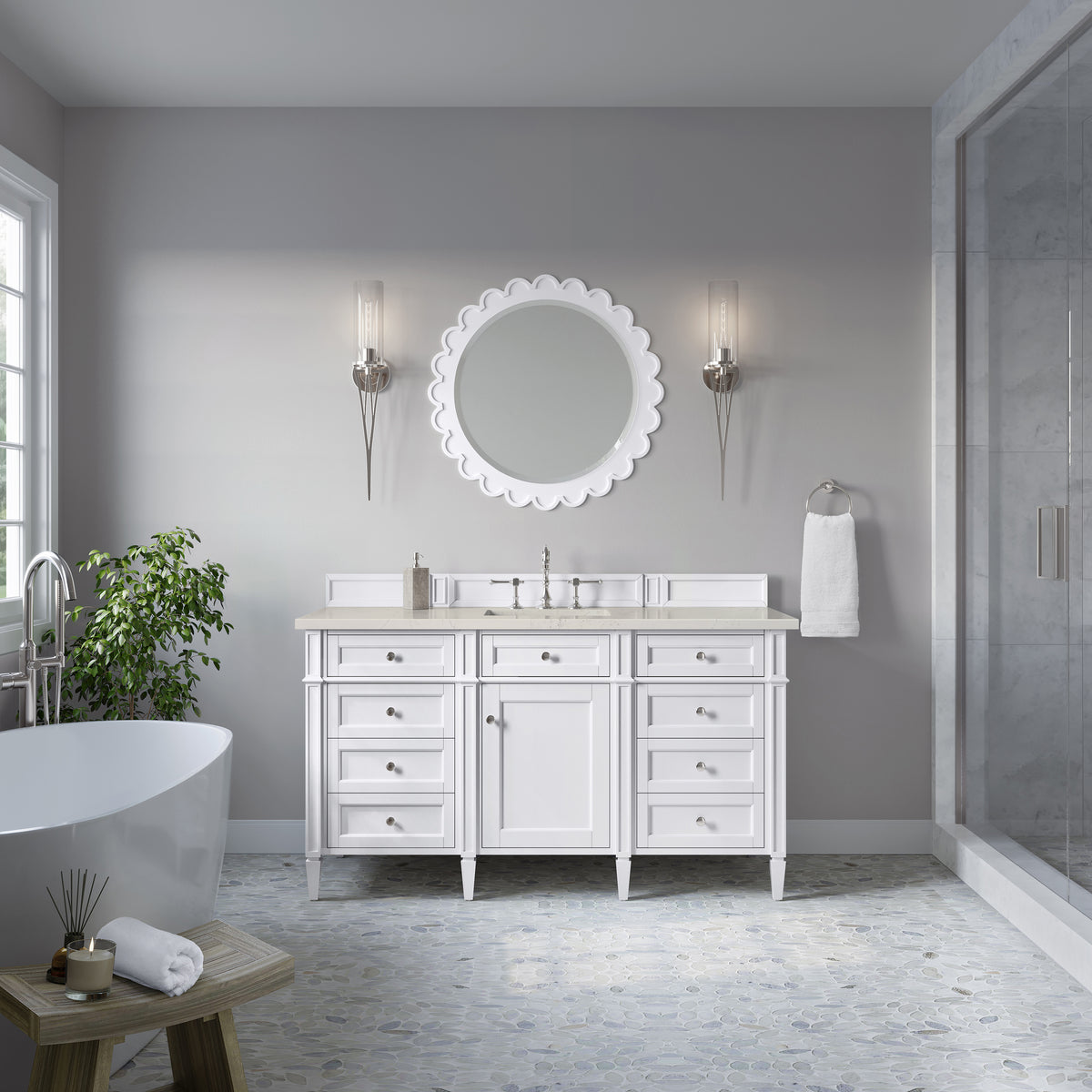 James Martin Vanities Brittany 60" Bright White Single Vanity With 3 CM Siberian Silestone Top and FreePower Wireless Charger