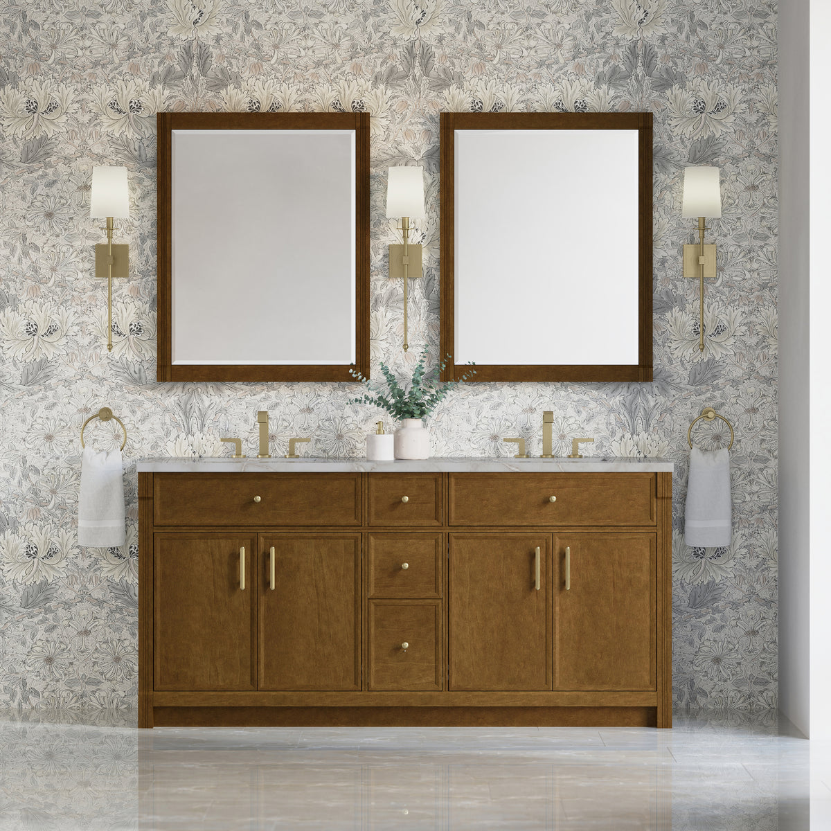 James Martin Vanities Bellshire 72" Honey Oak Double Vanity With 3 CM Victorian Silver Silestone Top and FreePower Wireless Charger