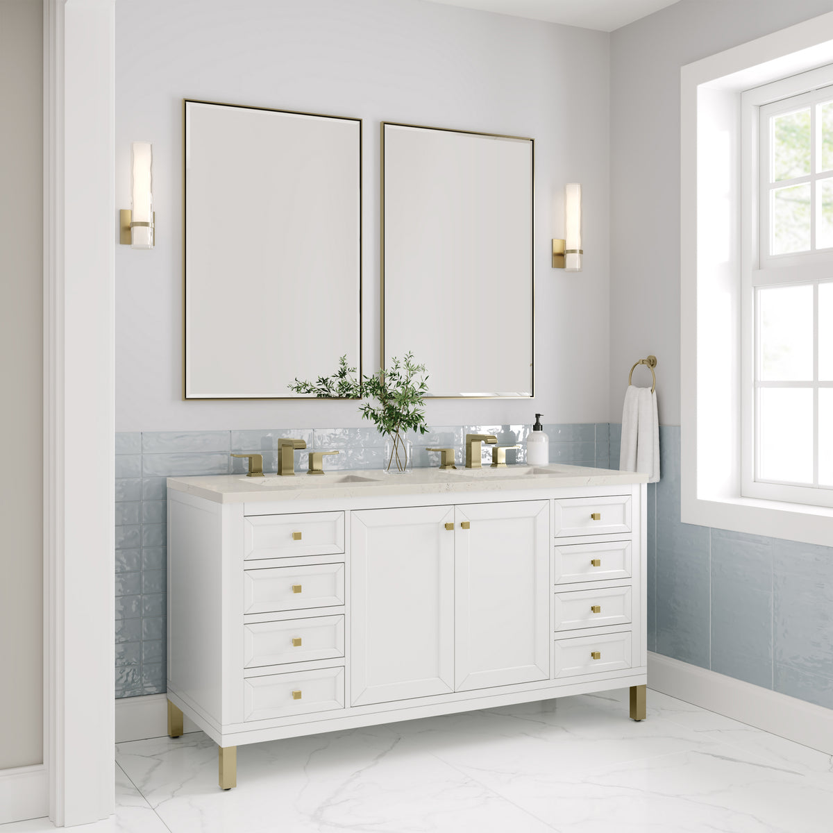 James Martin Vanities Chicago 60" Glossy White Double Vanity With 3 CM Siberian Silestone Top and FreePower Wireless Charger