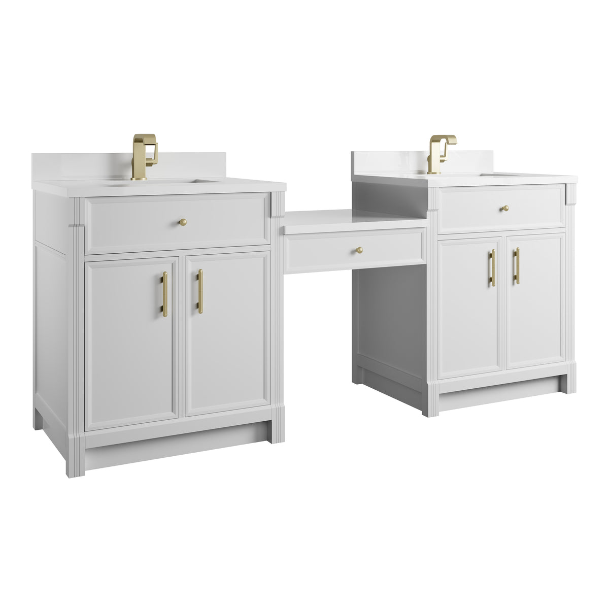 James Martin Vanities Bellshire 84" Bright White Dual Vanity Set With Single Hole 3 cm White Zeus Silestone Top, Backsplash and 24" Make-Up Counter