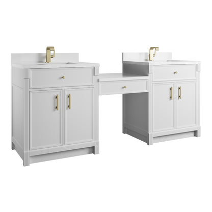 James Martin Vanities Bellshire 84" Bright White Dual Vanity Set With Single Hole 3 cm White Zeus Silestone Top, Backsplash and 24" Make-Up Counter