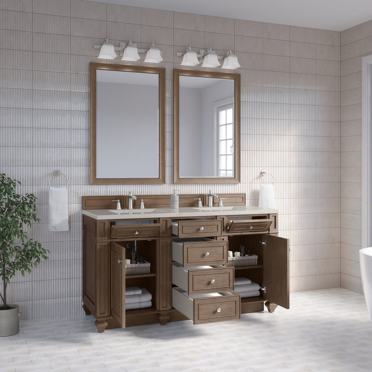 James Martin Vanities Bristol 60" Whitewashed Walnut Double Vanity With 3 CM Siberian Silestone Top and FreePower Wireless Charger