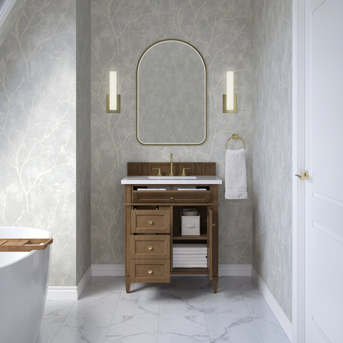 James Martin Vanities Brittany 30" Pecan Single Vanity With 3 CM White Zeus Silestone Top