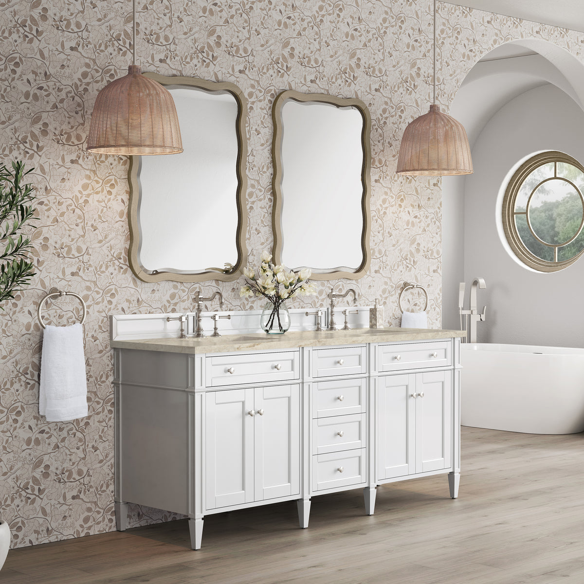 James Martin Vanities Brittany 72" Bright White Double Vanity With 3 CM Tajnar Eclos Top