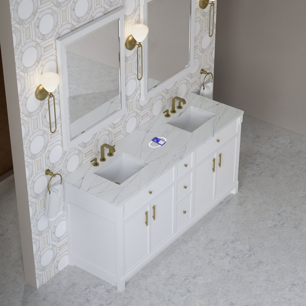 James Martin Vanities Bellshire 72" Bright White Double Vanity With 3 CM Ethereal Noctis Silestone Top and FreePower Wireless Charger