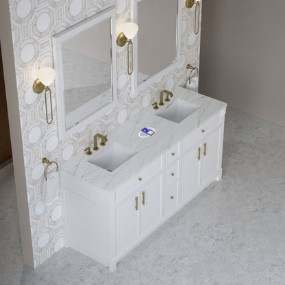 James Martin Vanities Bellshire 72" Bright White Double Vanity With 3 CM Ethereal Noctis Silestone Top and FreePower Wireless Charger