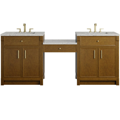 James Martin Vanities Bellshire 84" Honey Oak Dual Vanity Set With 3 cm Eternal Jasmine Pearl Silestone Top and 24" Make-Up Counter