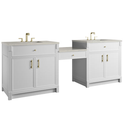 James Martin Vanities Bellshire 96" Bright White Dual Vanity Set With 3 cm Siberian Silestone Top and 24" Make-Up Counter