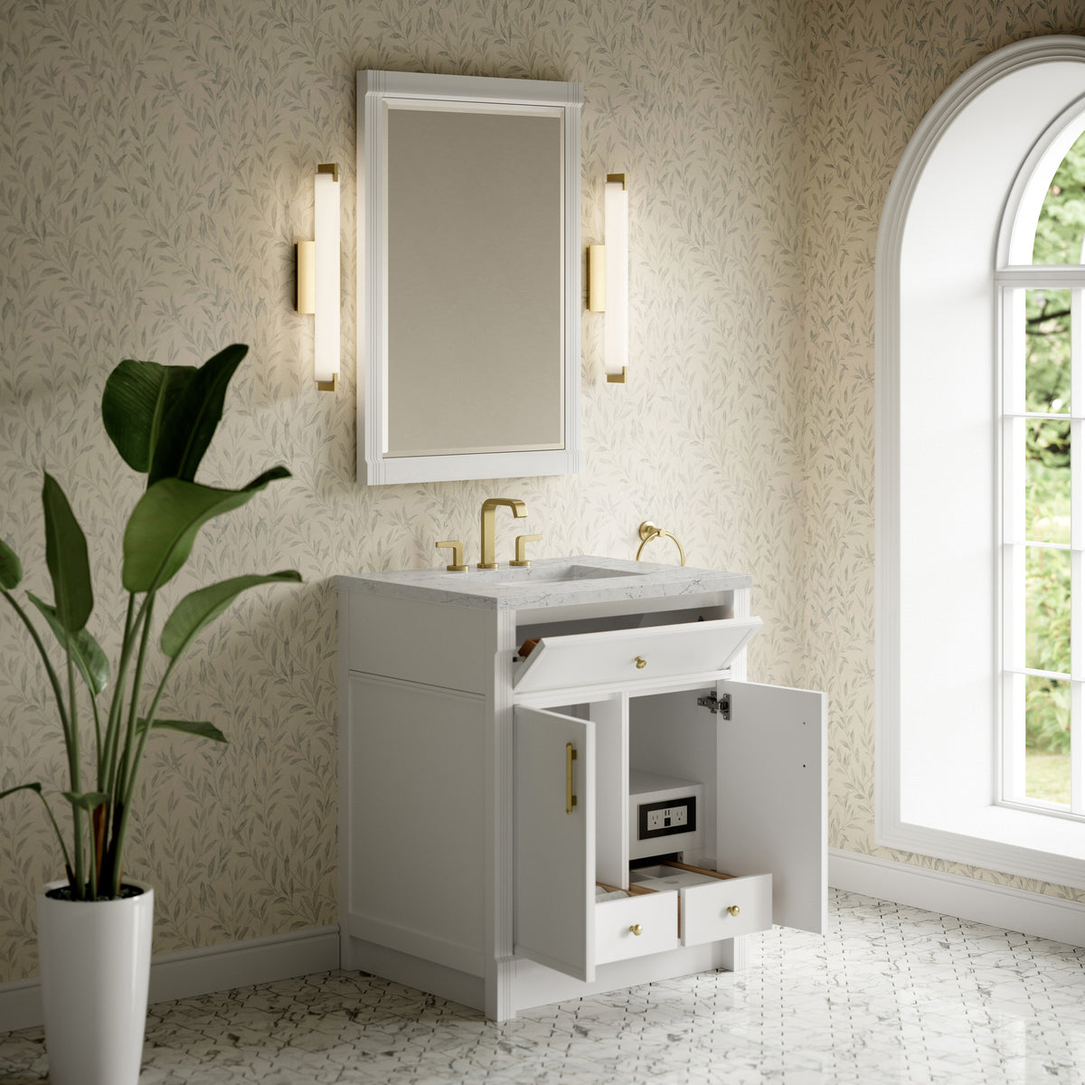 James Martin Vanities Bellshire 30" Bright White Single Vanity With 3 CM Eternal Jasmine Pearl Silestone Top
