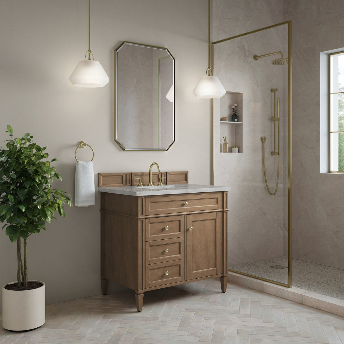 James Martin Vanities Brittany 36" Pecan Single Vanity With 3 CM Victorian Silver Silestone Top