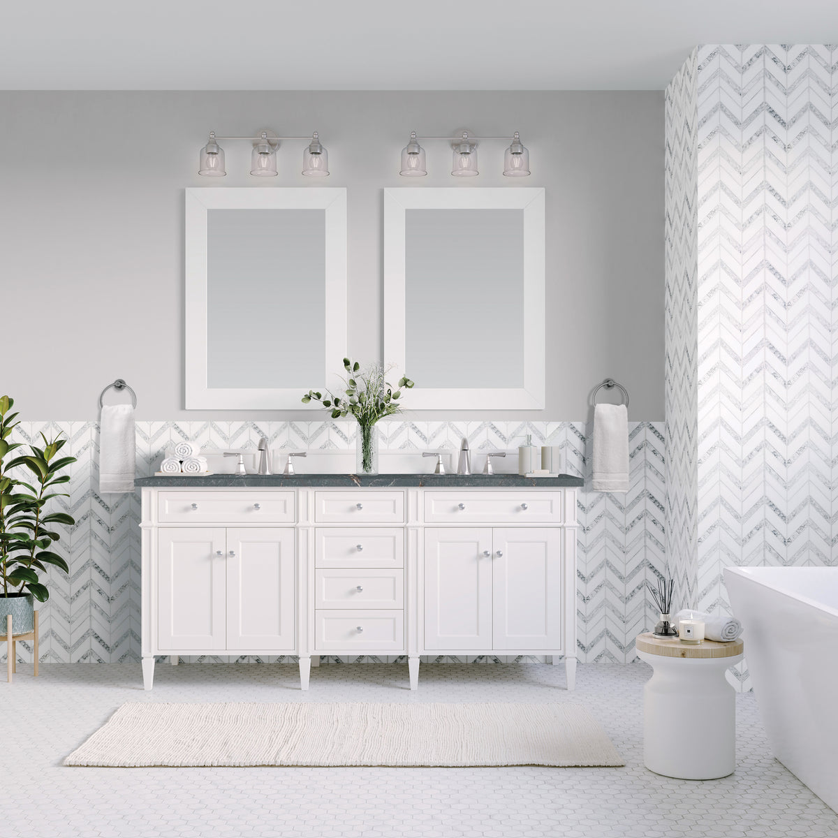 James Martin Vanities Brittany 60" Bright White Vanity Double Vanity With 3 CM Parisien Bleu Silestone Top and FreePower Wireless Charger