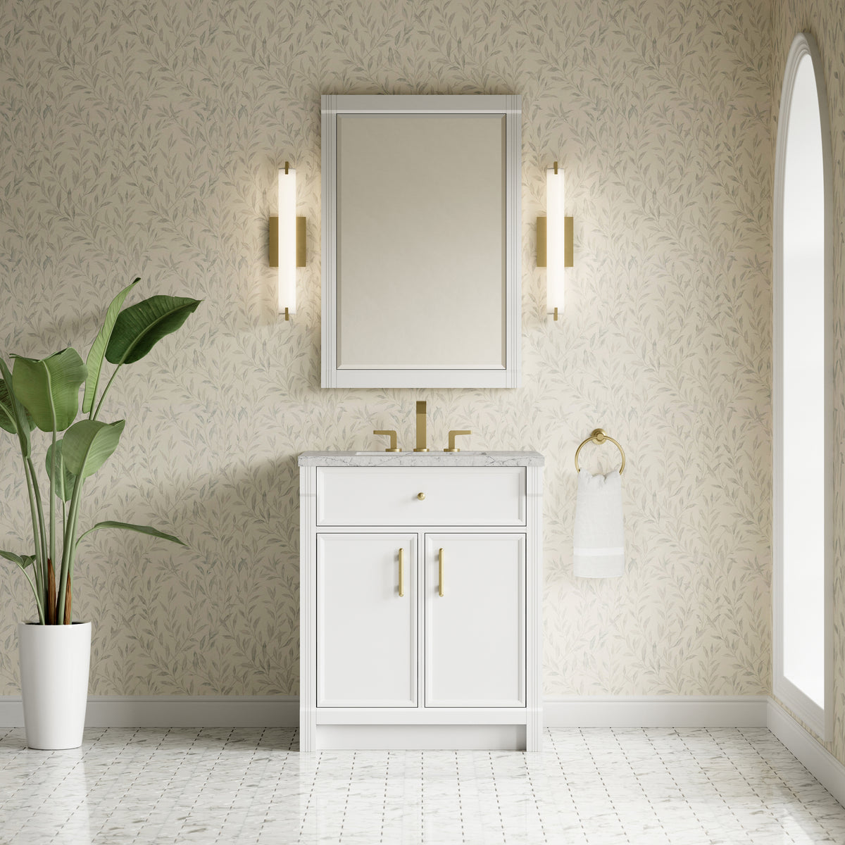 James Martin Vanities Bellshire 30" Bright White Single Vanity With 3 CM Eternal Jasmine Pearl Silestone Top