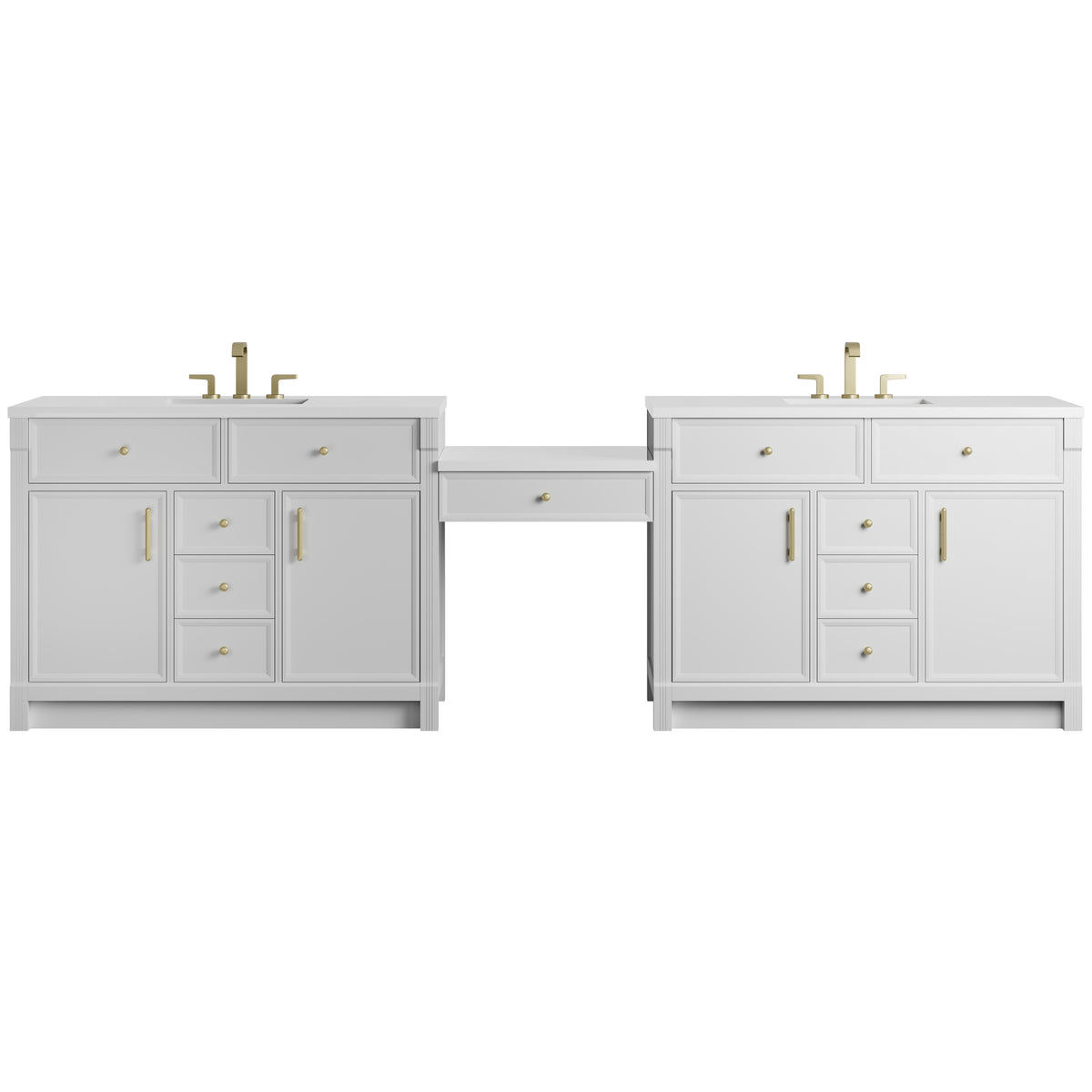 James Martin Vanities Bellshire 120" Bright White Dual Vanity Set With 3 cm White Zeus Silestone Top and 24" Make-Up Counter
