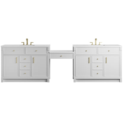 James Martin Vanities Bellshire 120" Bright White Dual Vanity Set With 3 cm White Zeus Silestone Top and 24" Make-Up Counter