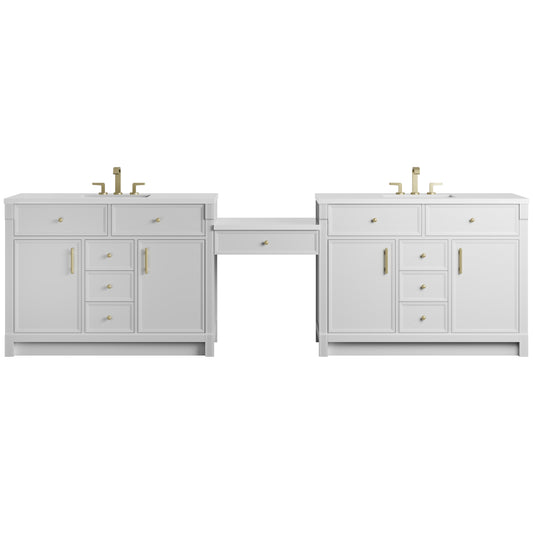 James Martin Vanities Bellshire 120" Bright White Dual Vanity Set With 3 cm White Zeus Silestone Top and 24" Make-Up Counter
