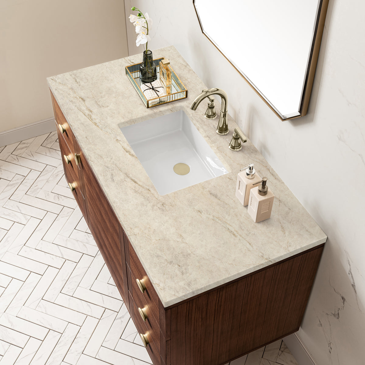 James Martin Vanities Amberly 48" Mid-Century Walnut Single Vanity With 3 CM Tajnar Eclos Top and FreePower Wireless Charger