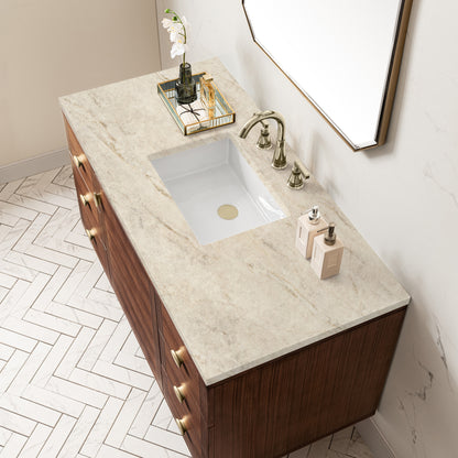 James Martin Vanities Amberly 48" Mid-Century Walnut Single Vanity With 3 CM Tajnar Eclos Top and FreePower Wireless Charger