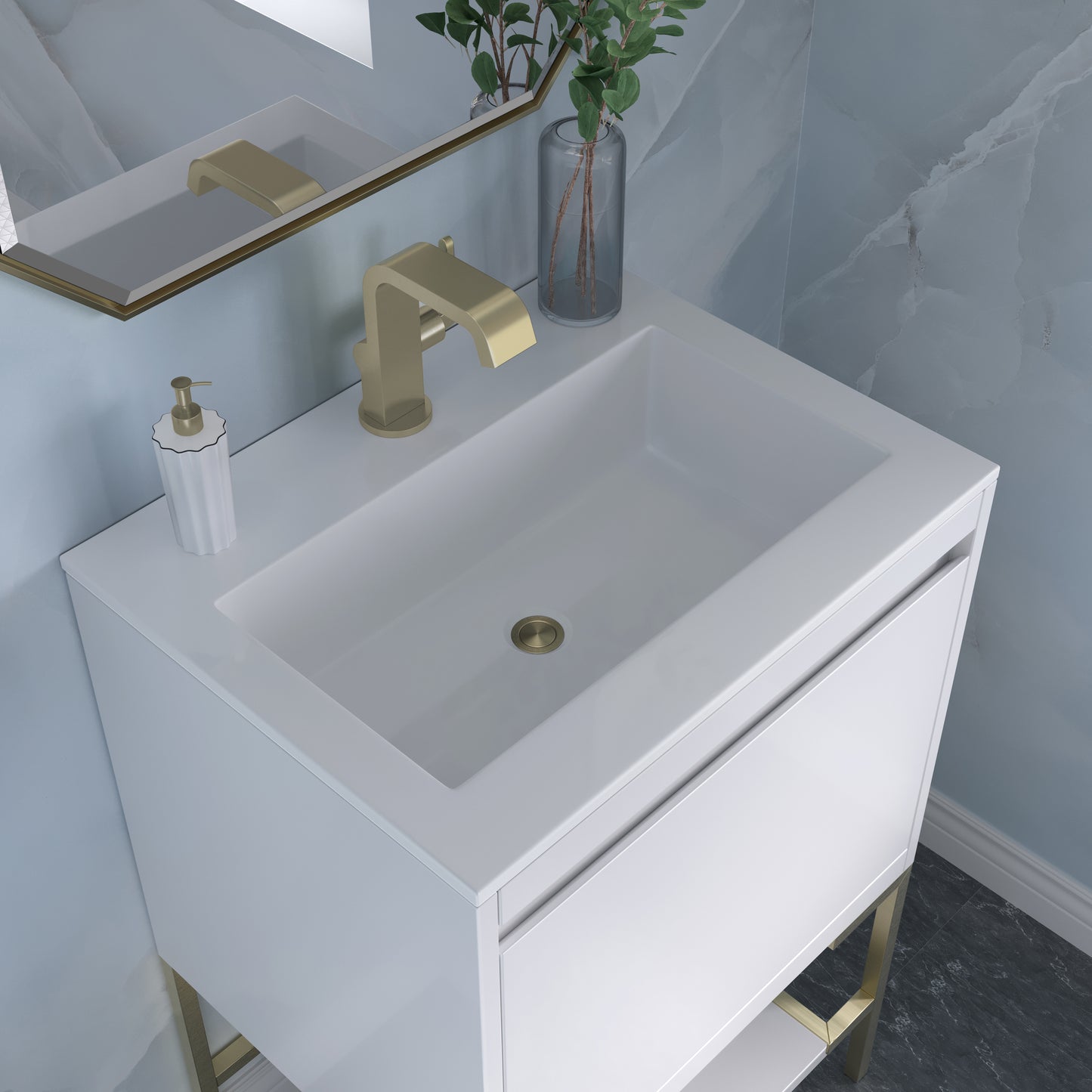 James Martin Vanities Mantova 23.6" Glossy White and Champagne Brass Base Single Vanity With Glossy White Composite Stone Top