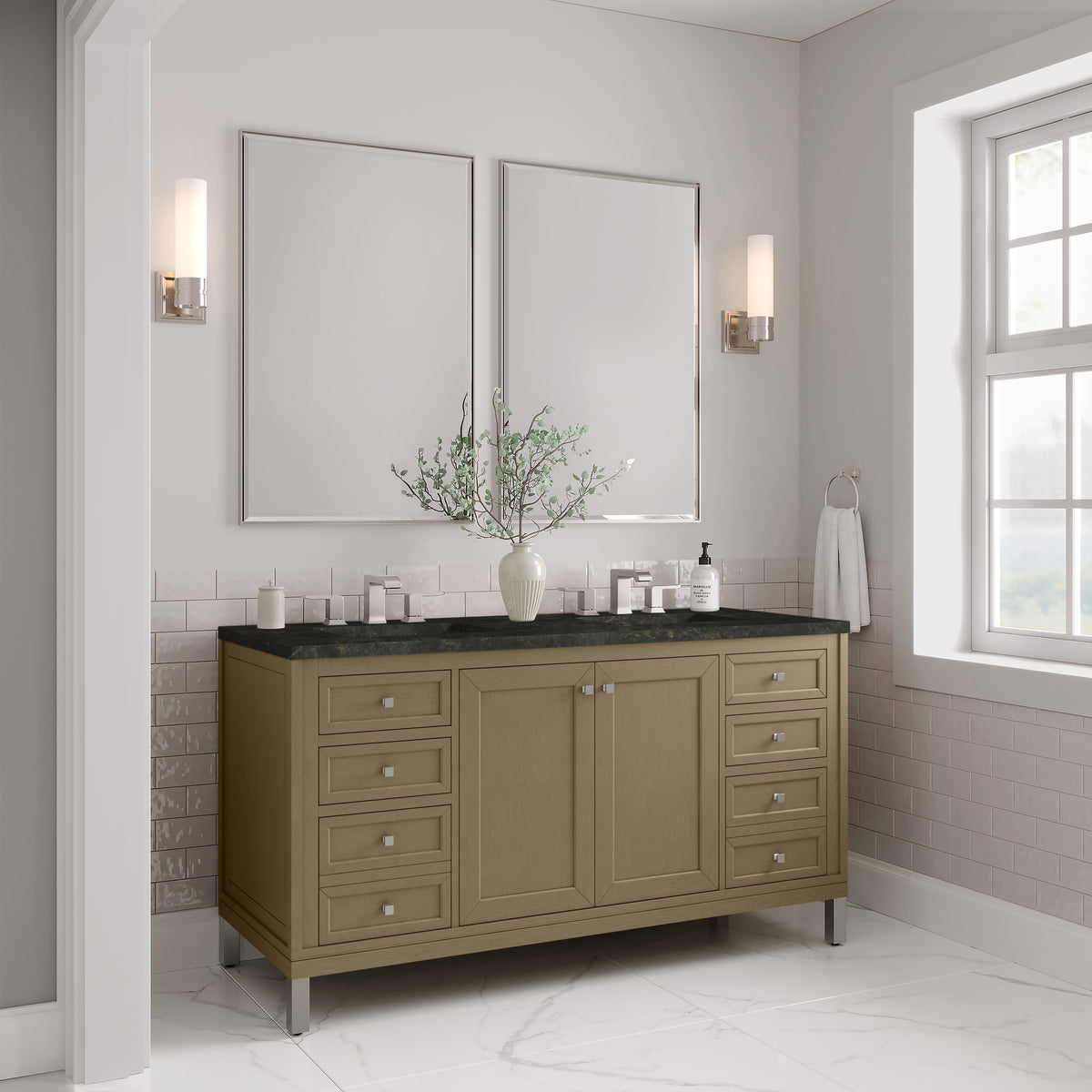 James Martin Vanities Chicago 60" Walnut Whisper Double Vanity With 3 CM Phantome Eclos Top