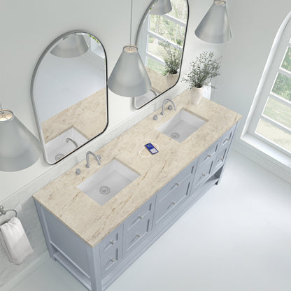 James Martin Vanities Breckenridge 72" Serenity Blue Double Vanity With 3cm Tajnar Eclos Top and FreePower Wireless Charger