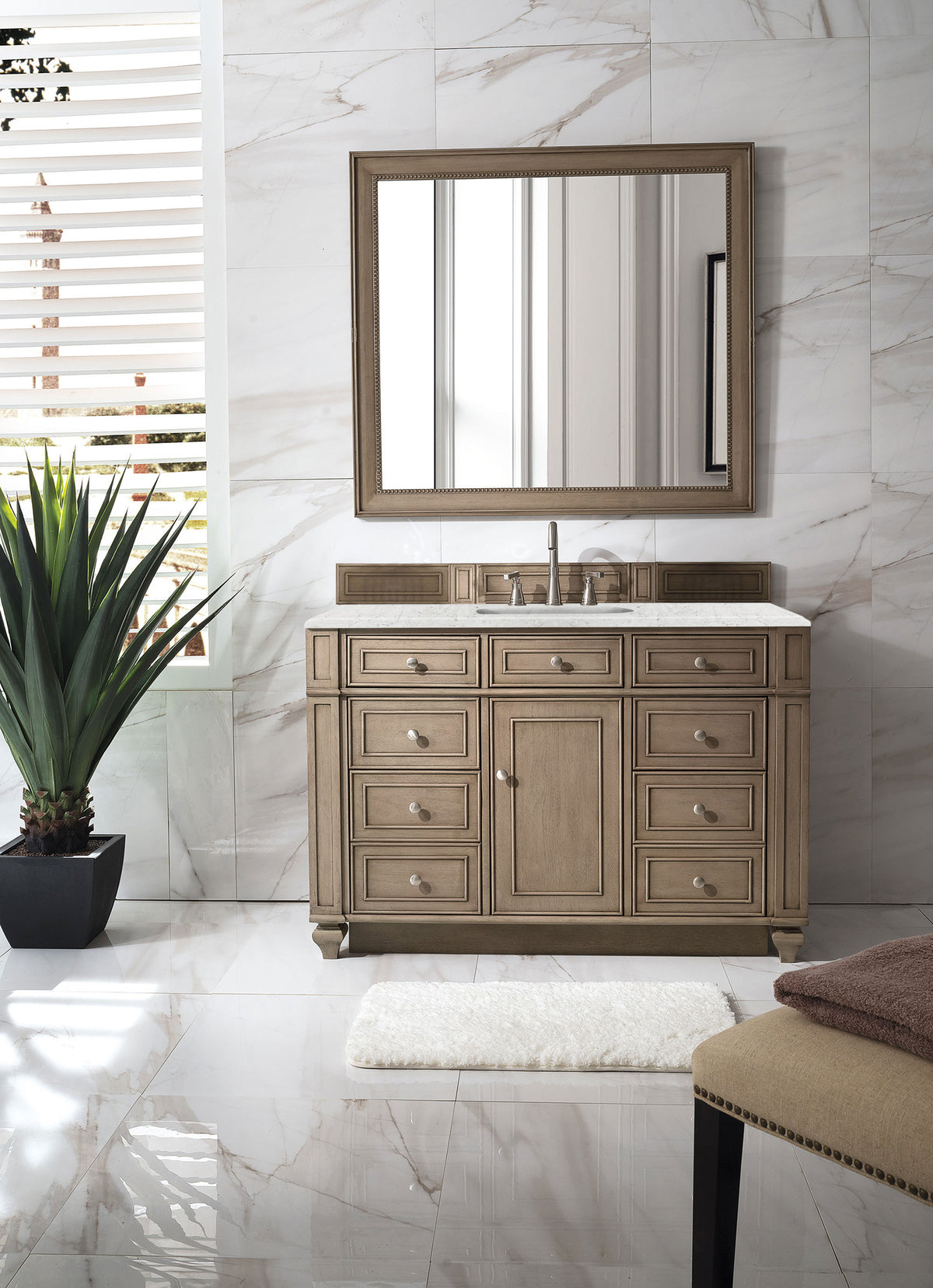 James Martin Vanities Bristol 48" Whitewashed Walnut Single Vanity With 3 CM Eternal Jasmine Pearl Silestone Top and FreePower Wireless Charger